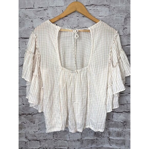 Pilcro Anthropologie Sybil Tan Striped Blouse‎ Ruffle Sleeve Cutout Back Size XS - Picture 3 of 5
